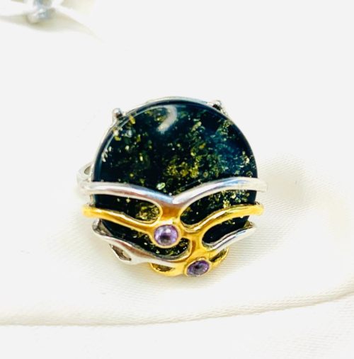 Кольцо «Тайны моря»,кольцо серебро,купить серебряное кольцо,кольцо с янтарем,зеленый янтарь