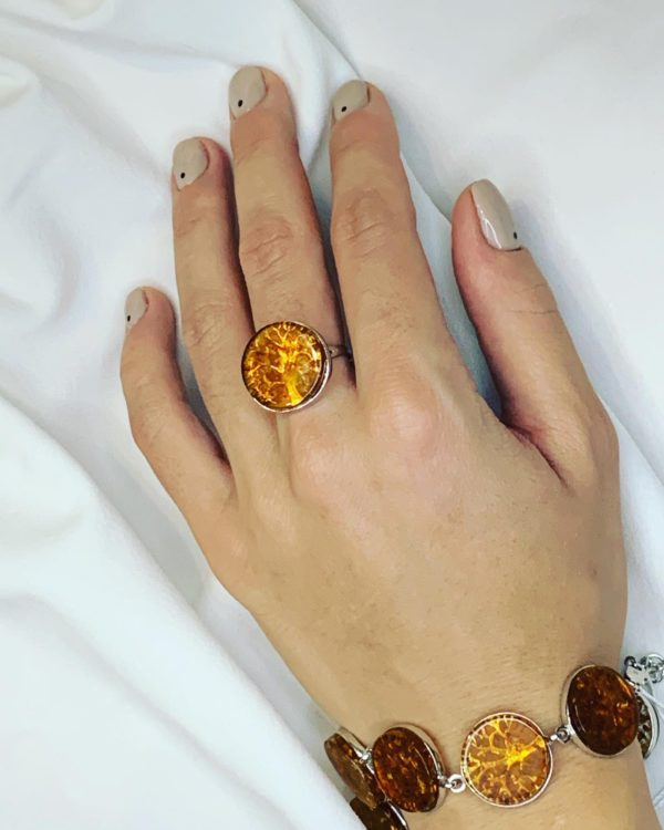 Комплект серебряное кольцо и браслет с янтарем Древо жизни